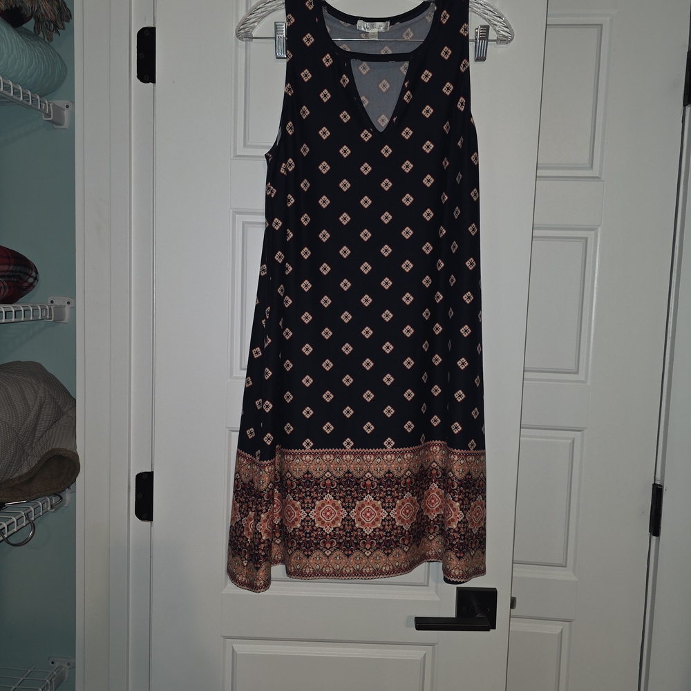 nine britton Black Midi Dress with Peach Border Print